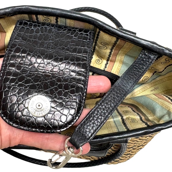 bag BRIGHTON black tan woven leather jute shoulder pockets preppy classic tote - Picture 7 of 16